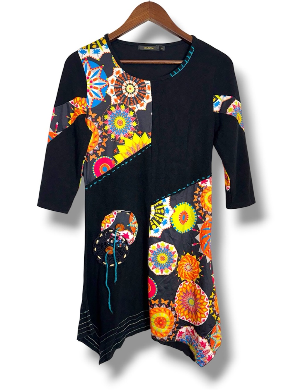 Radzoli Mixed Media Patchwork Dress Asymmetric Hem Women’s Small Lace Buttons
